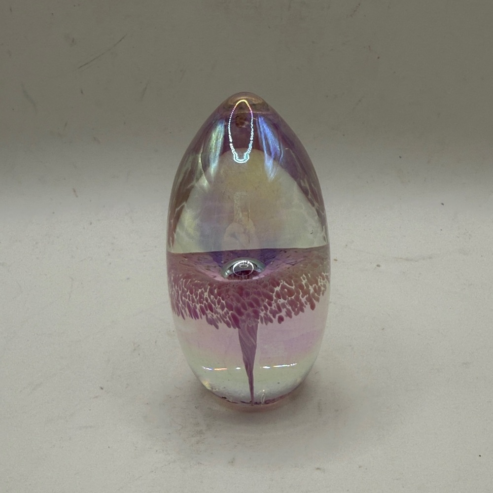 Signed 1993 Iridescent Art Glass Paperweight Egg Pink Tree Shroom Collectible